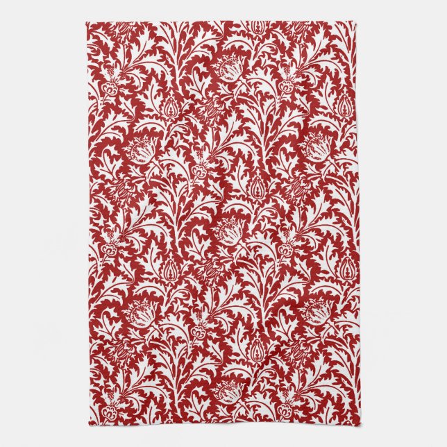 Linge De Cuisine William Morris Thistle Damask, rouge foncé et blan (Vertical)