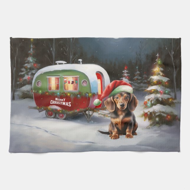 Linge De Cuisine Winter Dachshund Caravan Christmas Adventure (Horizontal)