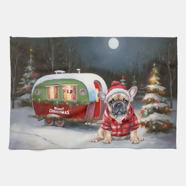 Linge De Cuisine Winter French Bulldog Caravan Christmas Adventure (Horizontal)
