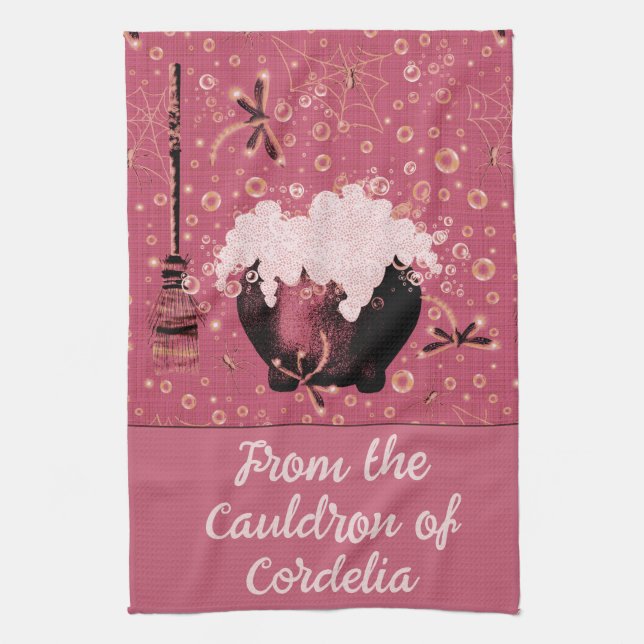 Linge De Cuisine Witchy Pink Cauldron Bubbles Nom personnalisé (Vertical)