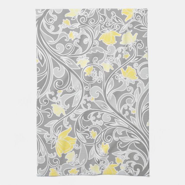 Linge De Cuisine Yellow and Gray Swirly Floral (Vertical)