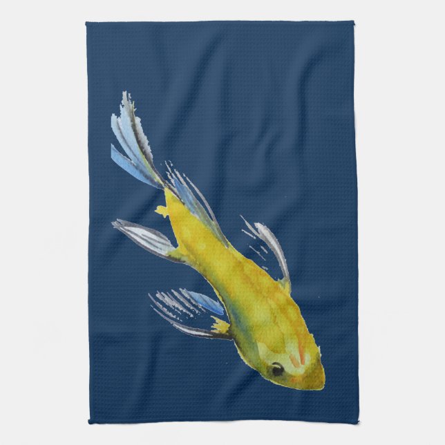Linge De Cuisine Yellow koi Japonais carp watercolour art fish (Vertical)