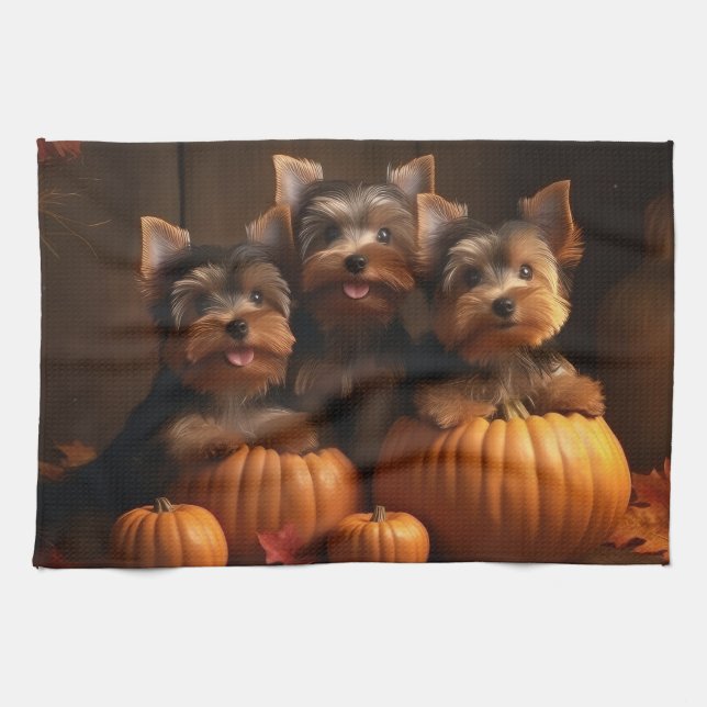 Linge De Cuisine Yorkshire Terrier Chiot Automne Citrouille délice (Horizontal)
