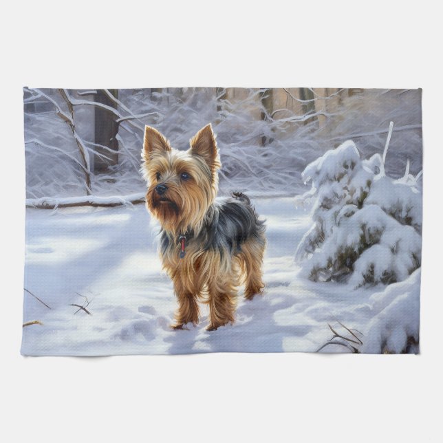 Linge De Cuisine Yorkshire Terrier Laisser Neige Noël (Horizontal)