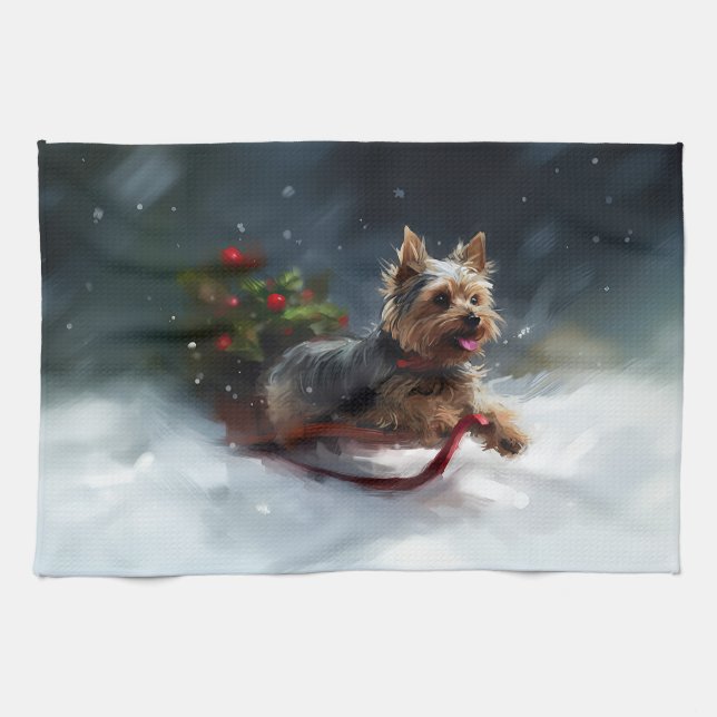 Linge De Cuisine Yorkshire Terrier neige de Noël hiver (Horizontal)