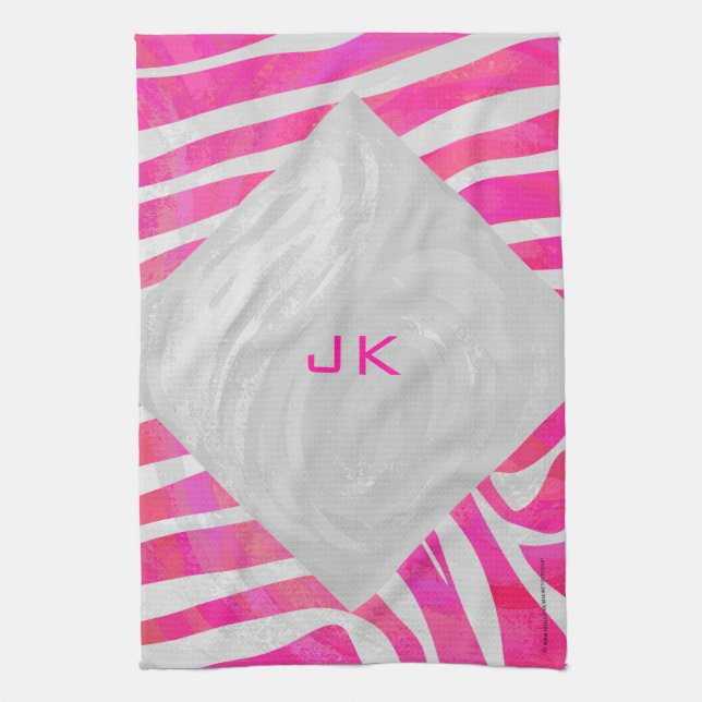 Linge De Cuisine Zebra Hot rose et blanc avec Monogramme (Vertical)