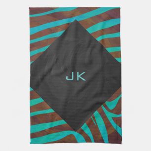 Linge De Cuisine Zèbre Brown et Turquoise avec Monogramme