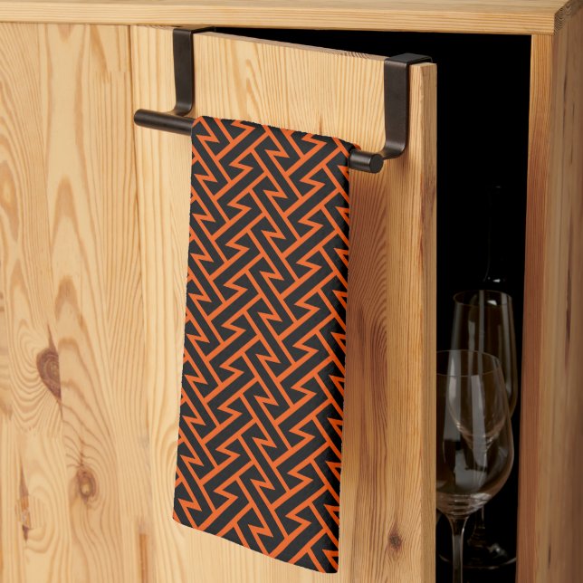 Linge De Cuisine Zigzag Motif moderne géométrique Orange & Noir (Pliage en tiers)