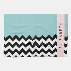 Linge De Cuisine Zigzag noir et blanc, Chevron, Bleu, Votre nom