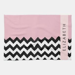 Linge De Cuisine Zigzag noir et blanc, Chevron, rose, Votre nom