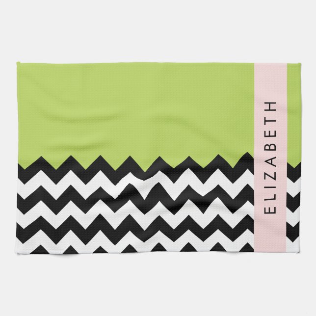 Linge De Cuisine Zigzag noir et blanc, Chevron, Vert, Votre nom (Horizontal)