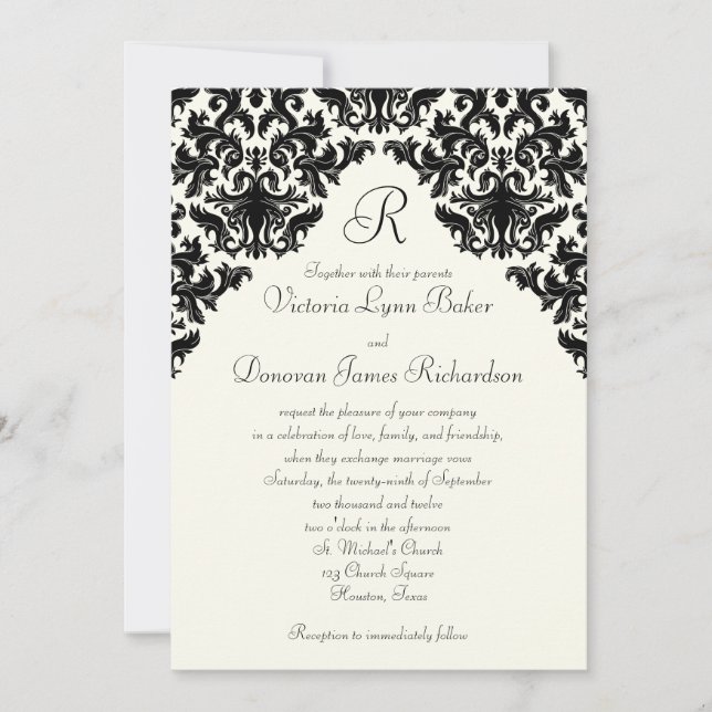 Linge d'ivoire et noir Damas Invitation monogrammé (Devant)