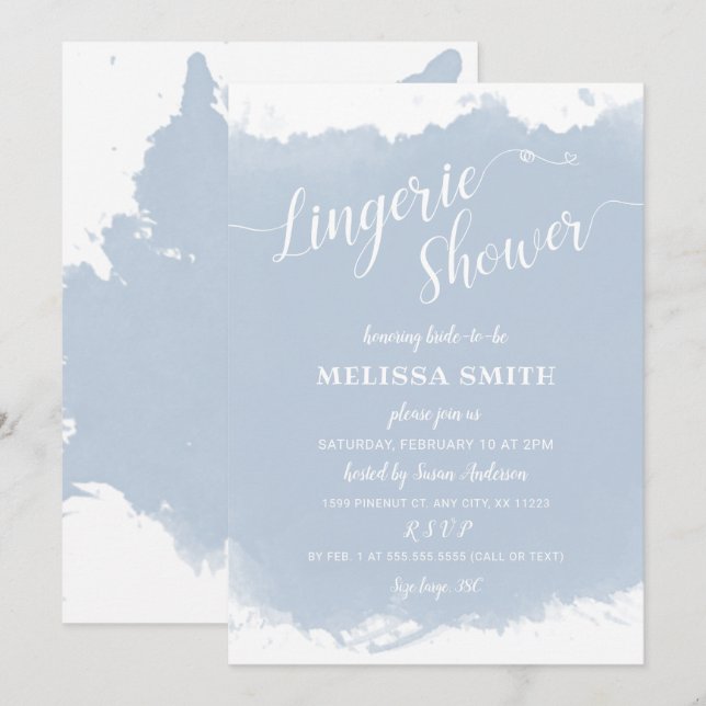 Lingerie Bridal Shower, dusty blue watercolor Invitation (Front/Back)