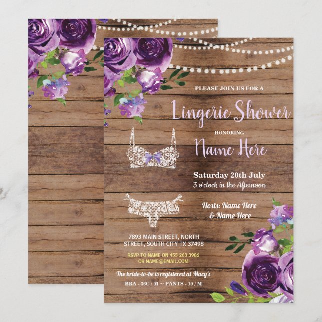 Lingerie Douche Bois Fleurs violettes Invitation (Devant / Derrière)