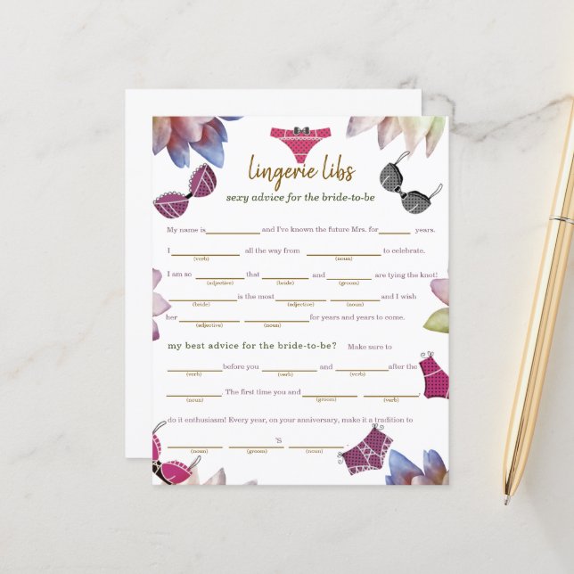 Lingerie Libs (advice to bride) Game Paper Sheet (Front/Back In Situ)