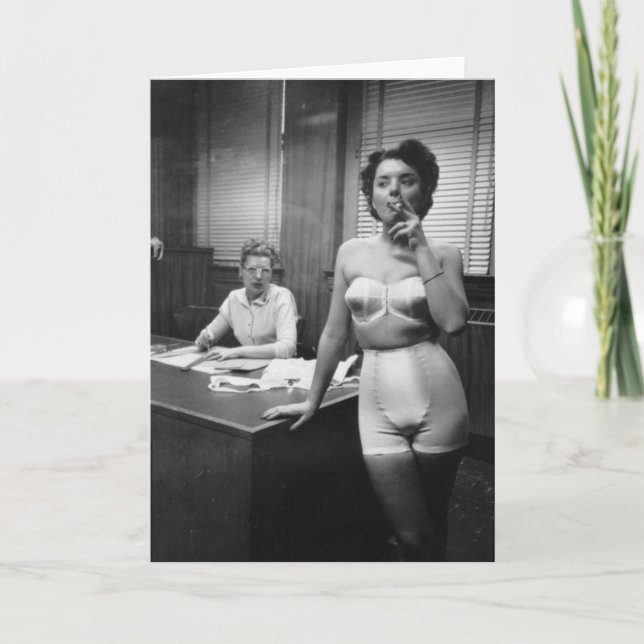 Lingerie model smoking in an office card (Front)