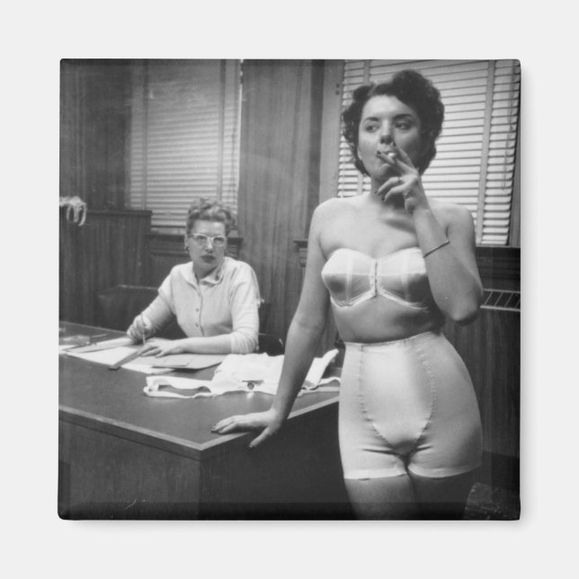 Lingerie model smoking in an office magnet (Front)
