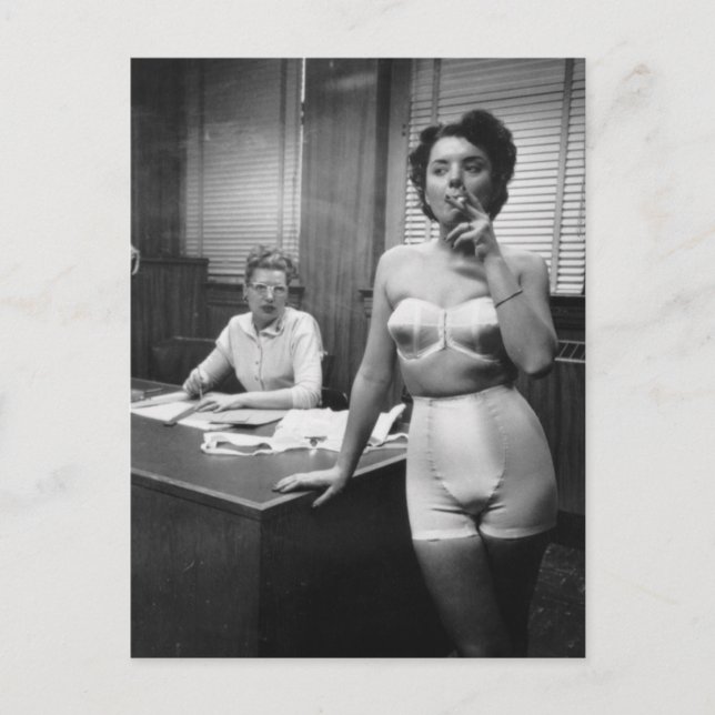 Lingerie model smoking in an office postcard (Front)