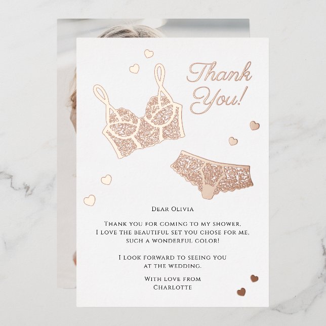 Lingerie Party Bridal Shower Photo Thank You Foil Holiday Card (Front/Back)