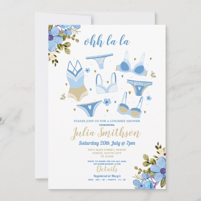 Lingerie Shower Bridal Party Floral Feminine Blue Invitation (Front)