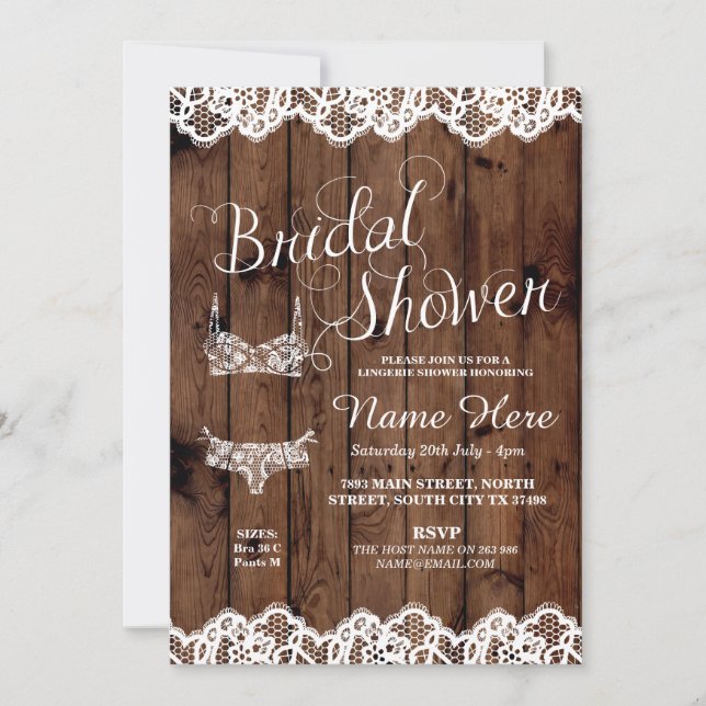 Lingerie Shower Bridal Party Wood Bow Lace Invite (Front)