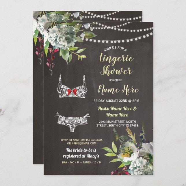 Lingerie Shower Floral Bridal Chalk Invite Pretty (Front/Back)