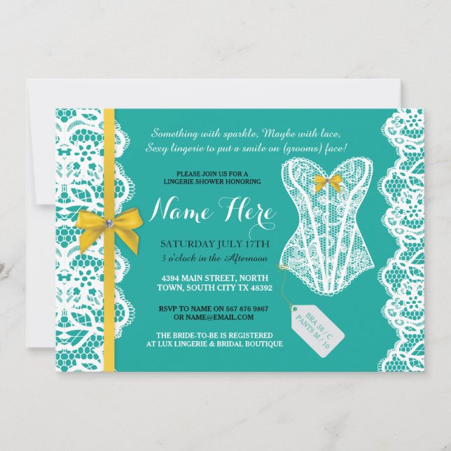 Lingerie Shower Invite Teal Gold Bridal Party Lace (Front)