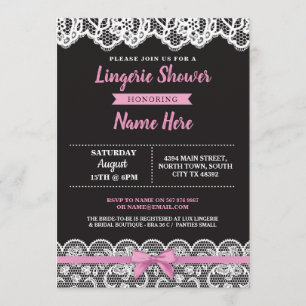 Lingerie Shower Pink Black Lace Bow Invitation