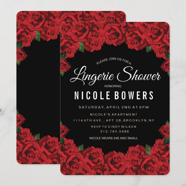 Lingerie Shower Romantic Red Roses Invitation (Front/Back)