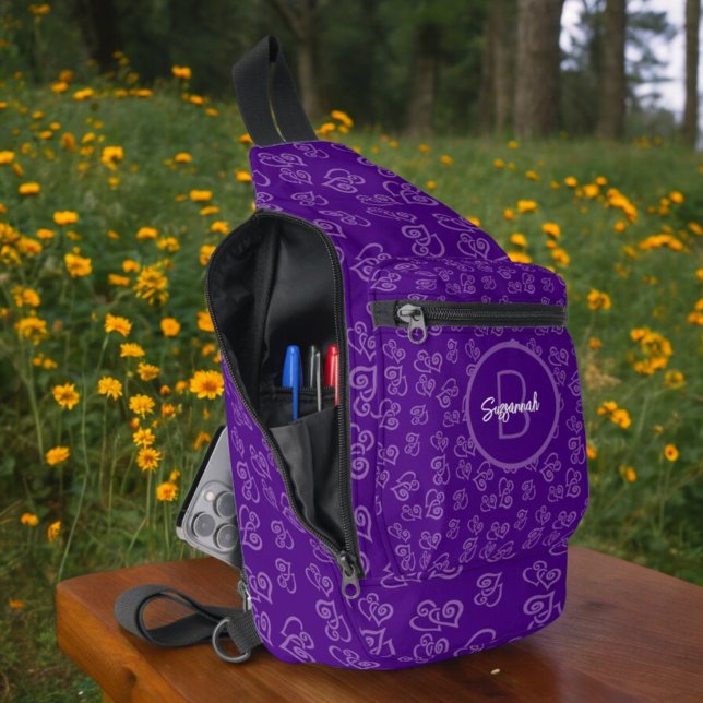 Linked Heart on Purple Background & Monogram Sling Bag (open side view of sling bag with linked heart pattern and monogram on front pocket)