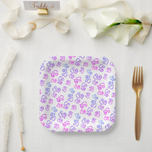 Linked Pink Purple Blue Heart Pattern Over White N Paper Plate