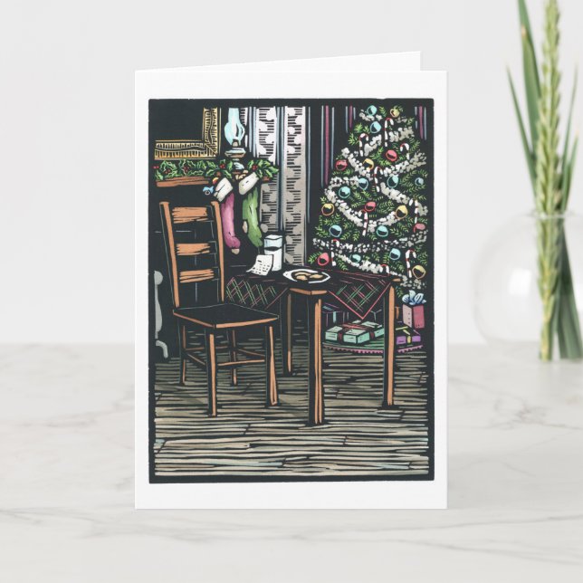 Linocut:  Christmas Tree and Santa Note ByKen Swan Holiday Card (Front)