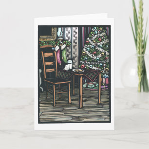 Linocut:  Christmas Tree and Santa Note ByKen Swan Holiday Card