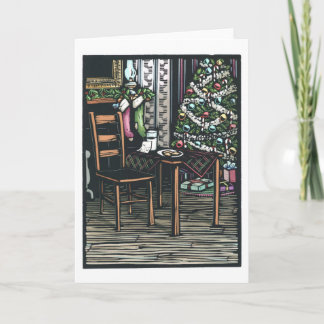 Linocut:  Christmas Tree and Santa Note ByKen Swan Holiday Card