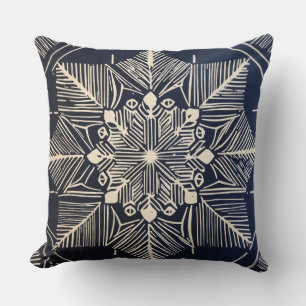 linocut design of a snowflake, simple, clean lines throw pillow