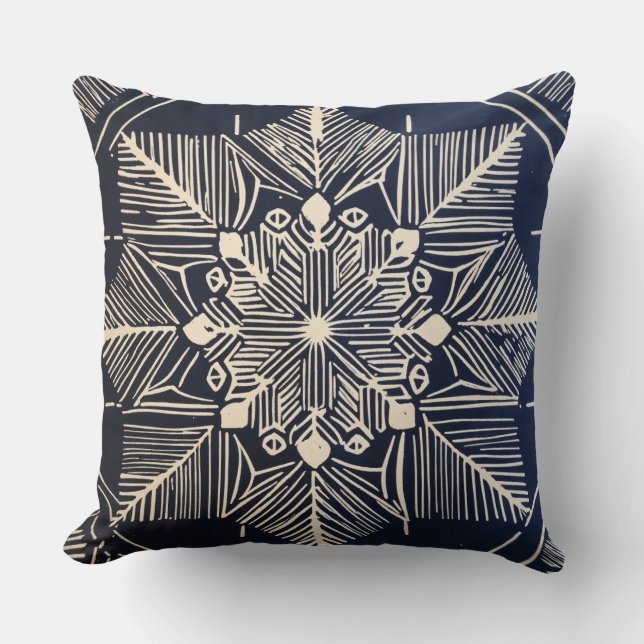linocut design of a snowflake, simple, clean lines throw pillow (Front)