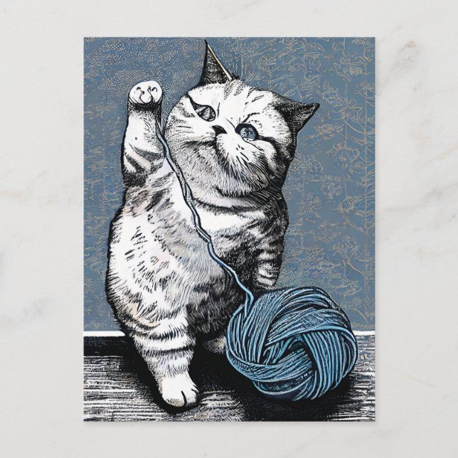 Linocut Kitten Playing with a Ball of Yarn Postcard (Front)