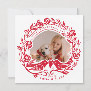 Linocut lovebirds and roses Valentine's Day photo Holiday Card