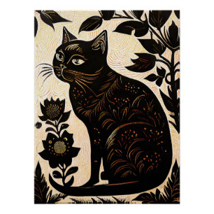 Linocut of a Black Cat Among Flowers Poster