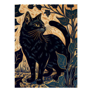 Linocut of a Black Cat Among Plants with Yellow Ba Poster