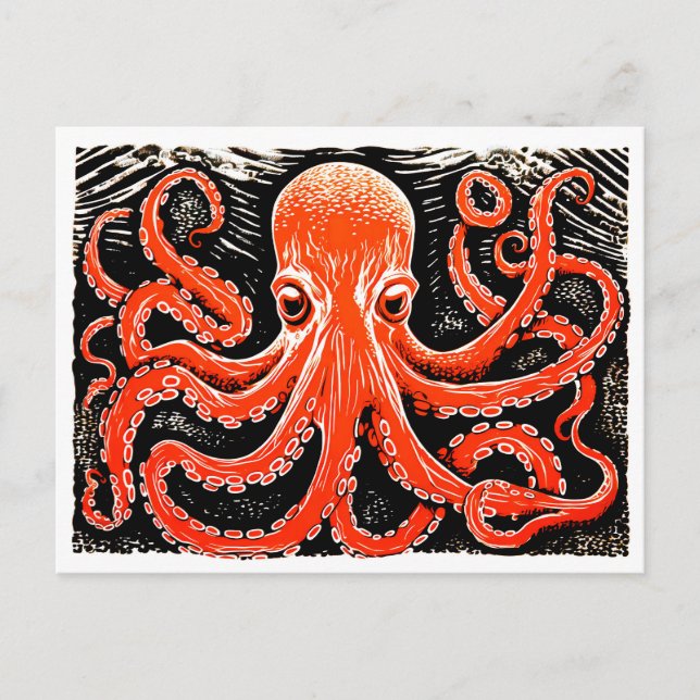 Linocut of a Red Octopus on Black and White bg Postcard (Front)
