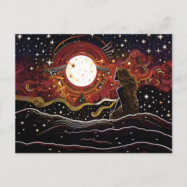 Linocut of Mermaid Gazing at the Moon in the Wave Postcard (Front)