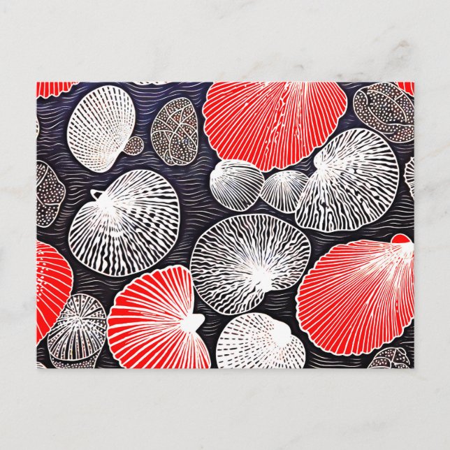 Linocut of Scallop Shells on the Beach Postcard (Front)