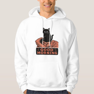 Linocut Sarcastic Black Cat Good Morning Meme Hoodie