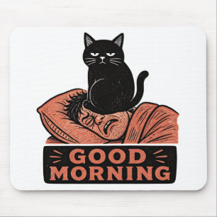 Linocut Sarcastic Black Cat Good Morning Meme Mouse Pad