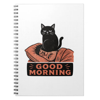 Linocut Sarcastic Black Cat Good Morning Meme Notebook