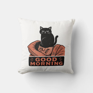 Linocut Sarcastic Black Cat Good Morning Meme Throw Pillow