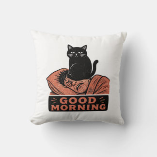 Linocut Sarcastic Black Cat Good Morning Meme Throw Pillow