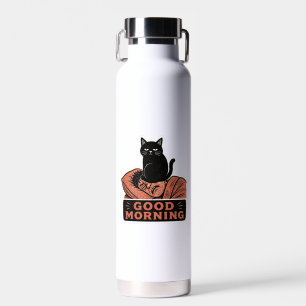 Linocut Sarcastic Black Cat Good Morning Meme Water Bottle