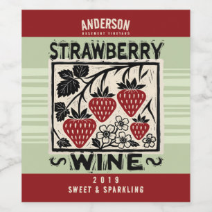 Linocut strawberry homemade wine shrub cordial label